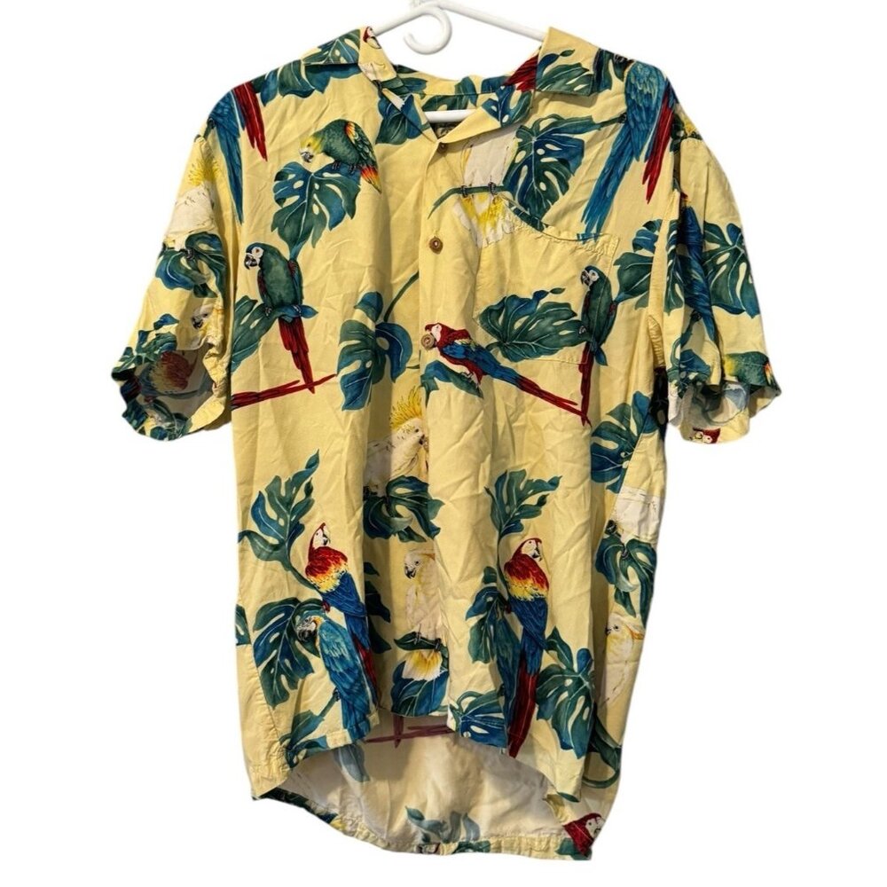 Paradise‎ Found Hawaiian Shirt Parrots Rayon Medium Aloha Buttons Preppy VTG